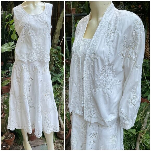 VTG 80s Cotton Prairie Cottage Battenburg Lace Skirt Set Medium Shabby Chic - Picture 2 of 11